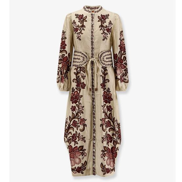 FARM Rio Dresses & Skirts - NEW Farm Rio Renata Floral Sand Midi Dress Lyocell Button Front Embroidered MED